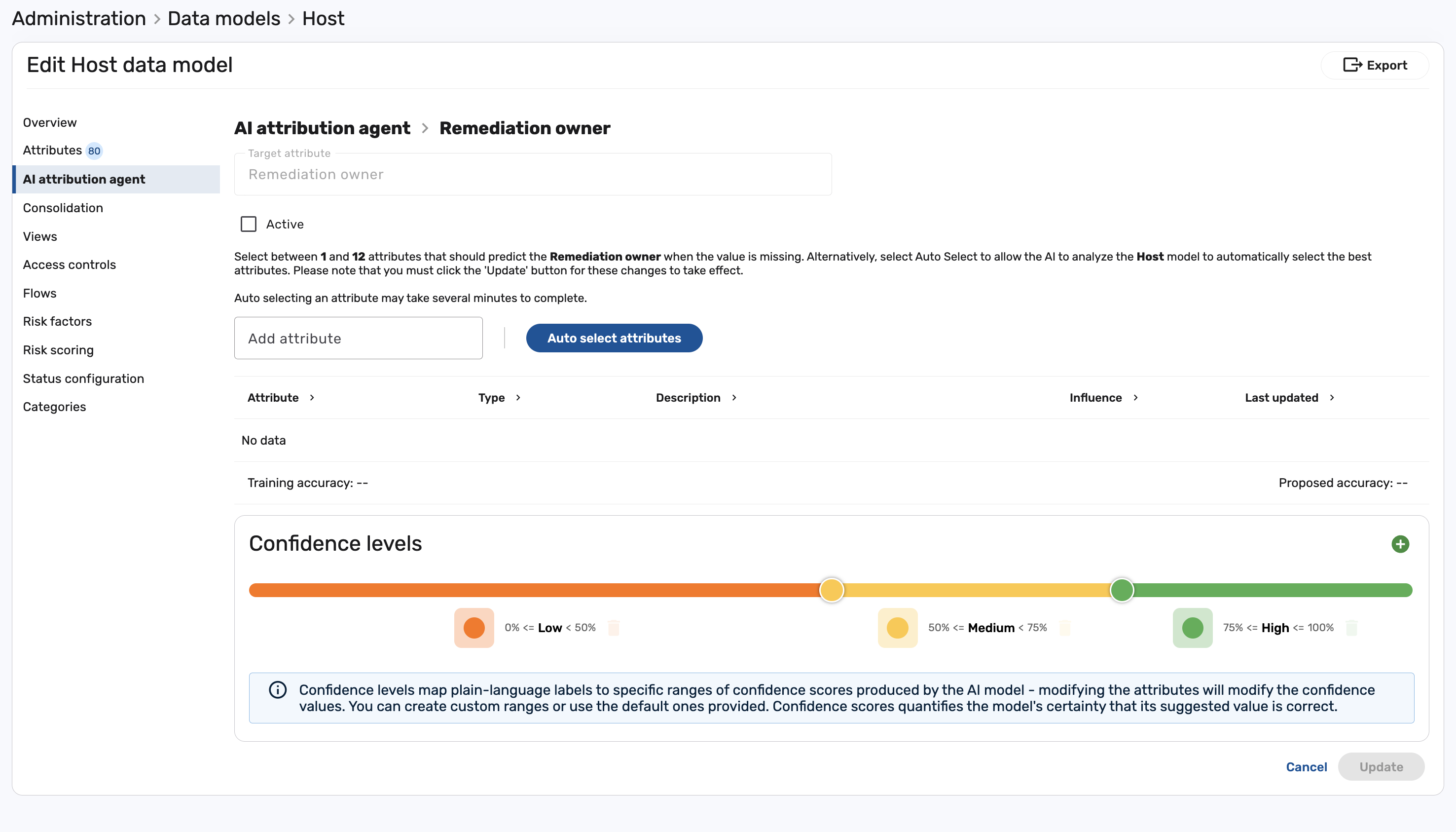 The Remediation Owner attribute page, showing the Active toggle, source-attribute selection, and confidence levels