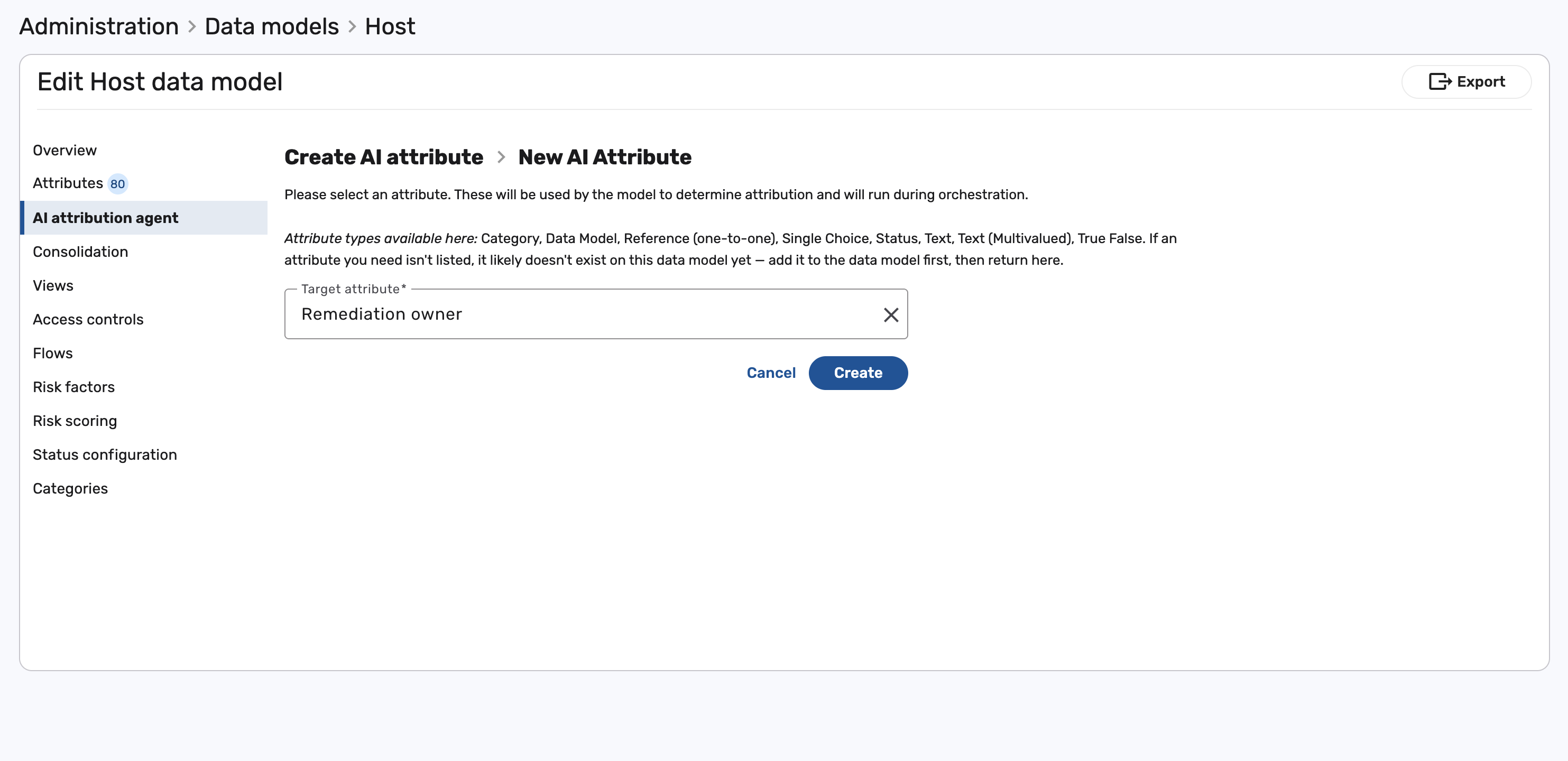 Creating a new AI attribute with Remediation owner chosen as the target attribute to predict