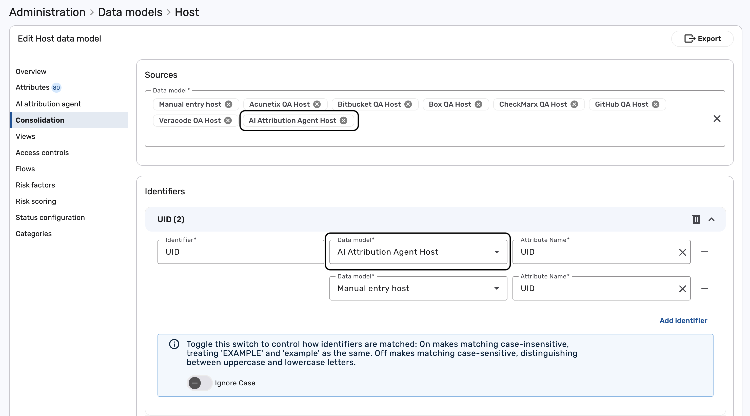 Adding the AI Attribution Agent source data model to the model's Consolidation sources