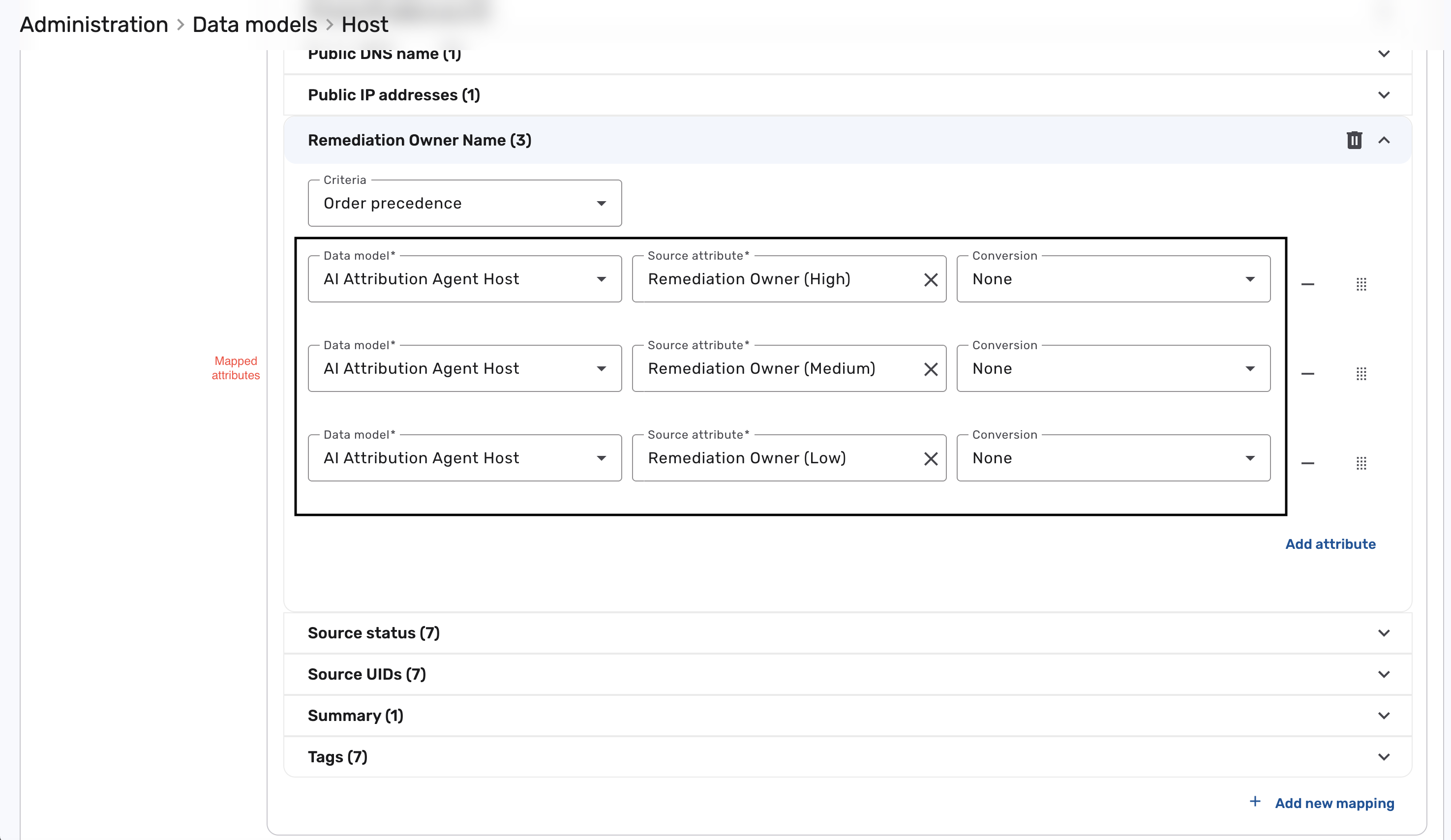 Mapping the Remediation Owner Name text attribute to the Attribution Agent's High, Medium, and Low predicted values