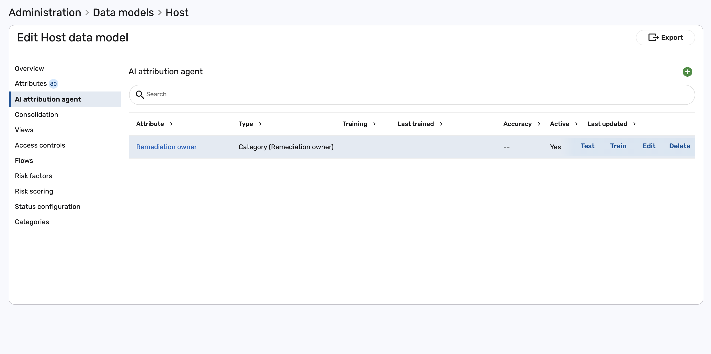 The Remediation Owner AI attribute in the list, with Test and Train actions, before training