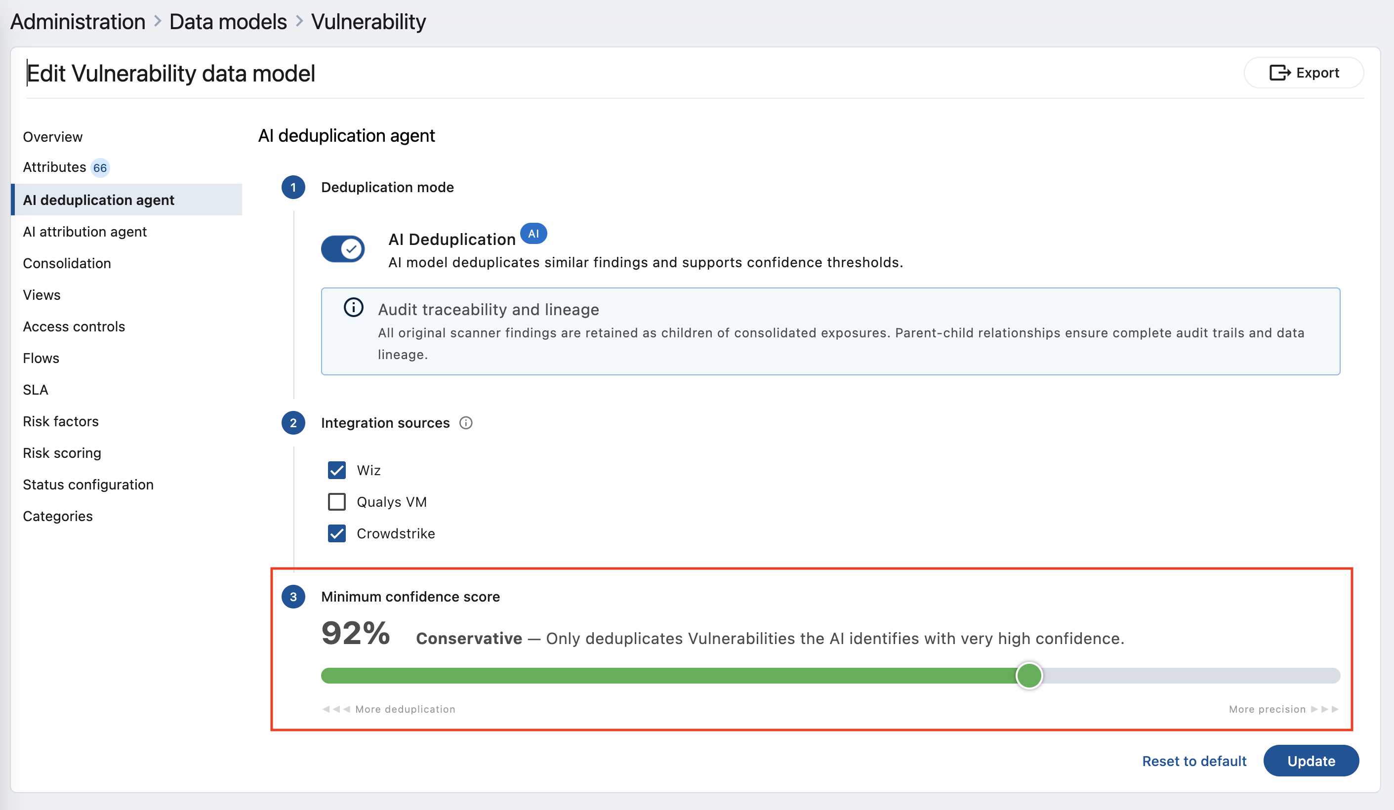 Step 3, the minimum confidence score slider ranging from More deduplication to More precision