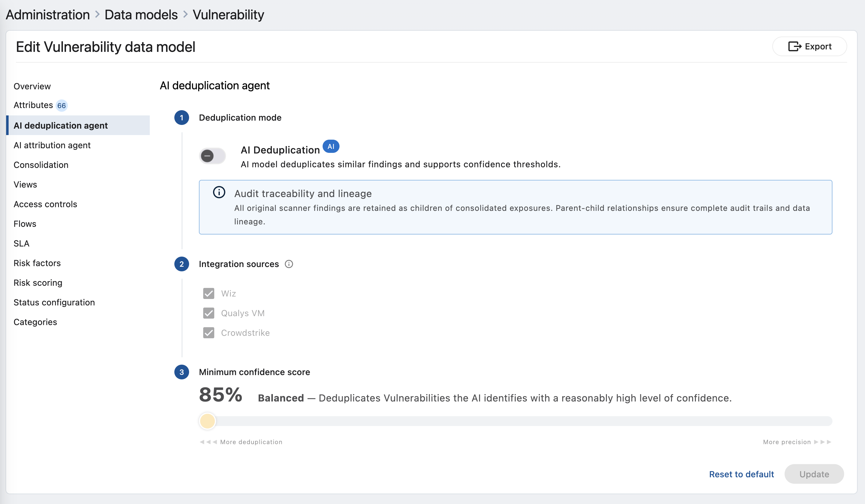 The AI deduplication agent tab of the data model