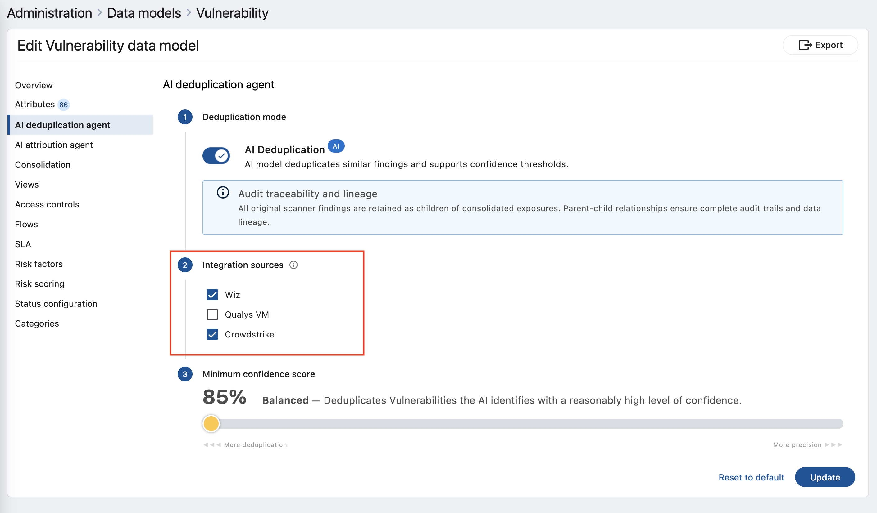 Step 2, selecting the integration sources that participate in deduplication