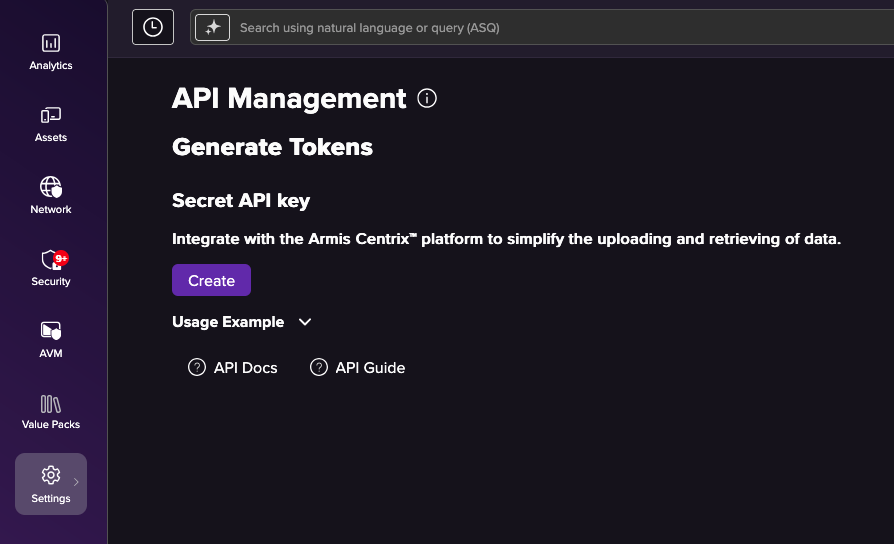 Armis create new API key