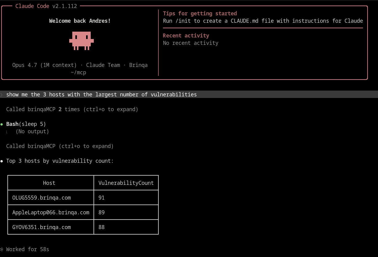 Claude Code CLI executing a BQL query via the BrinqaIQ MCP integration