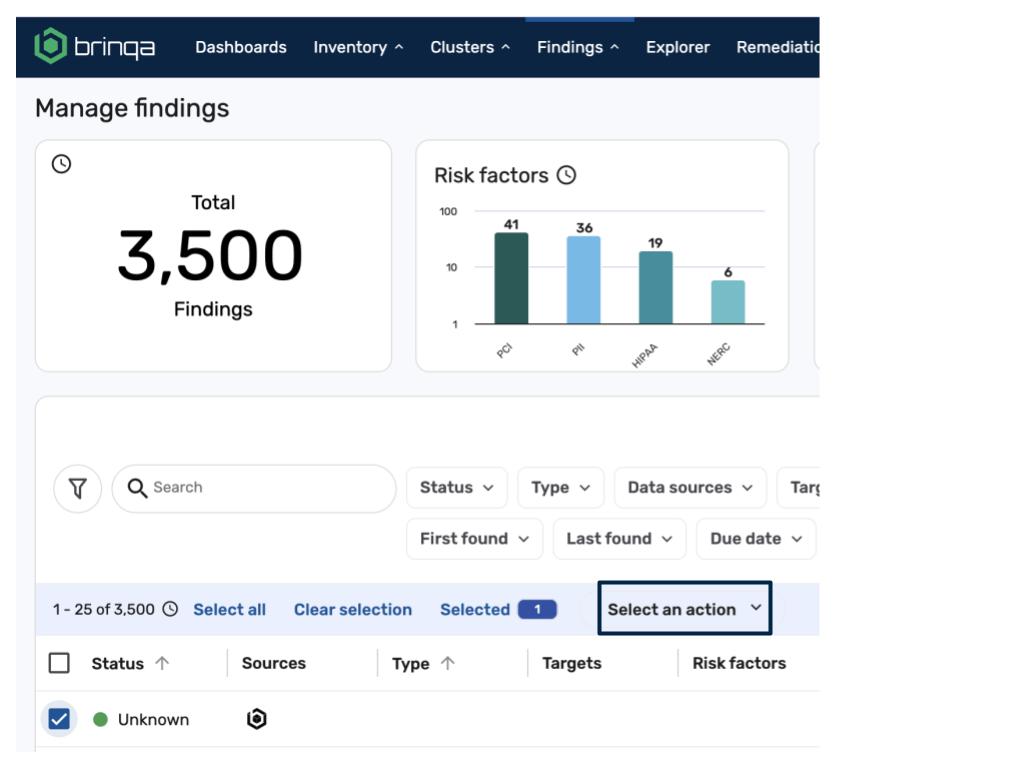 Select an action dropdown on the findings page