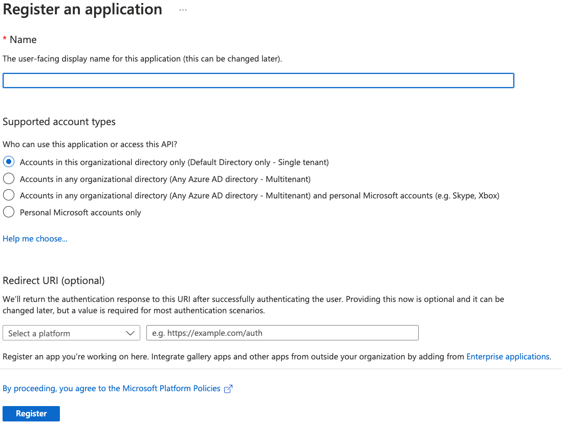 Microsoft azure new application page