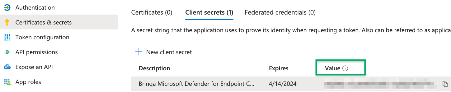 microsft defender client secret value