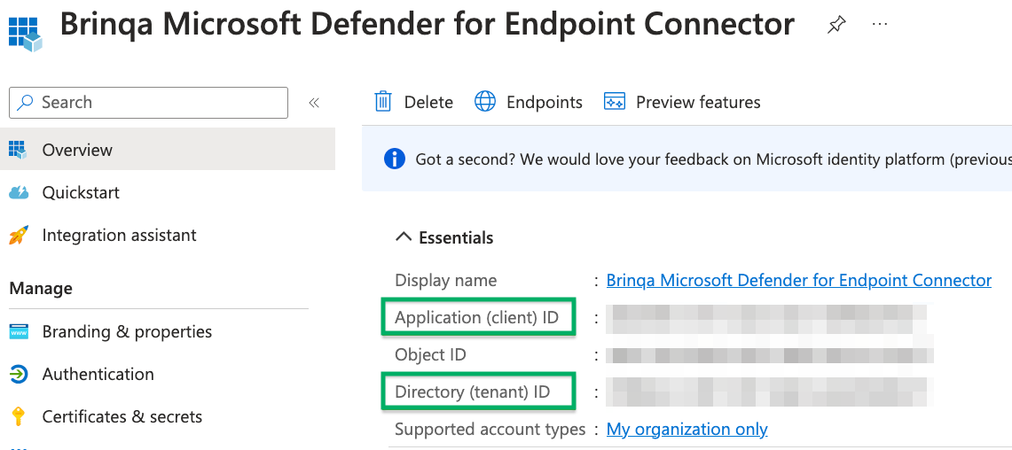 Microsoft Defender for Endpoint client and tenant ID