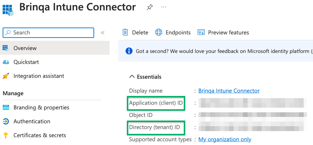 Microsoft Intune client and tenant ID