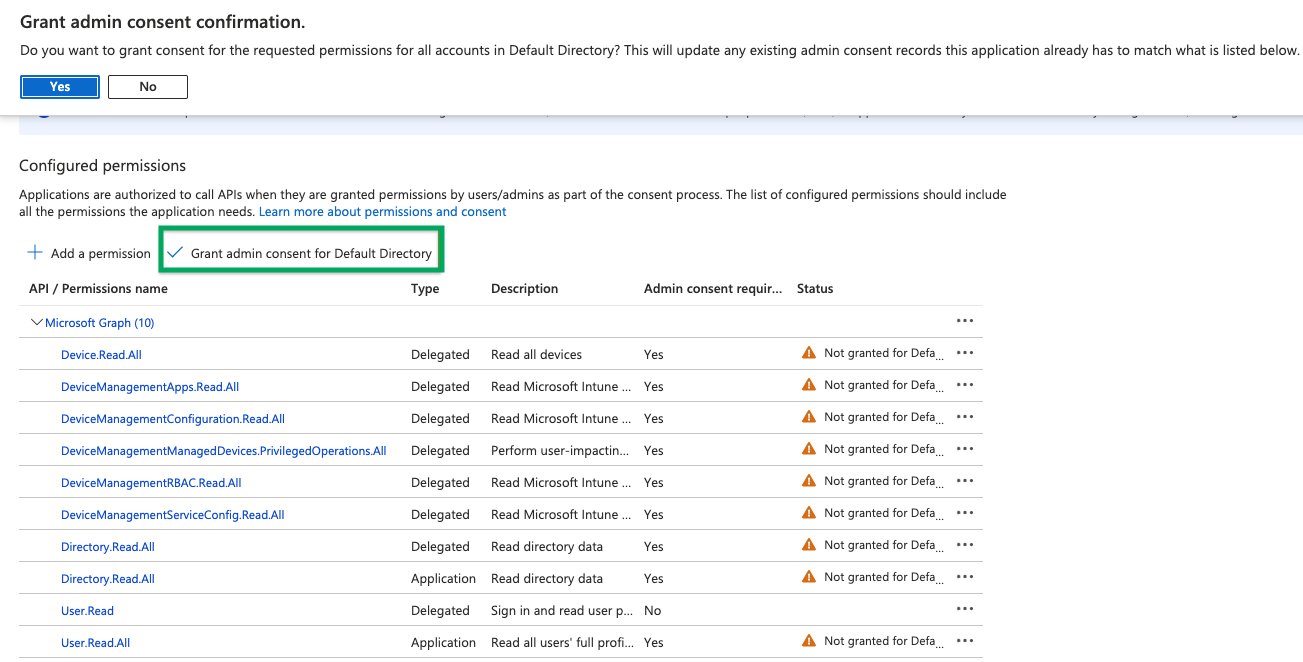 Microsoft Azure grant admin consent for default directory