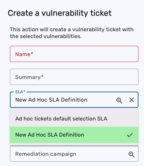 New SLA definition in the ad hoc ticketing dialog