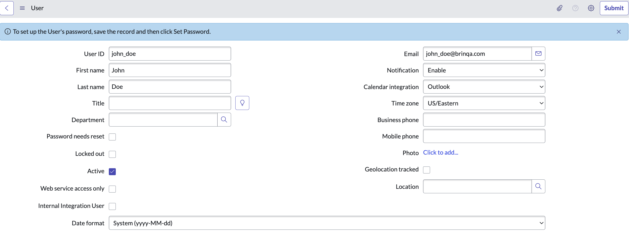 ServiceNow new user creation page