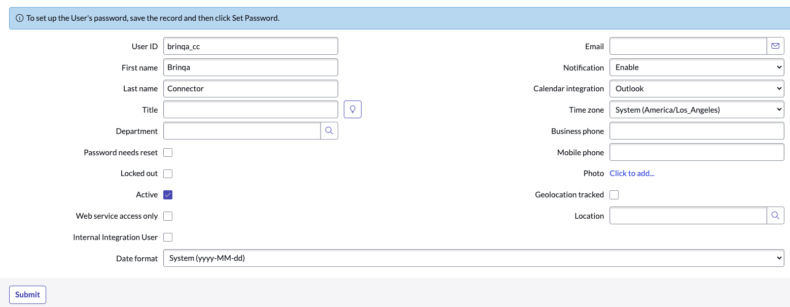 ServiceNow new user creation page