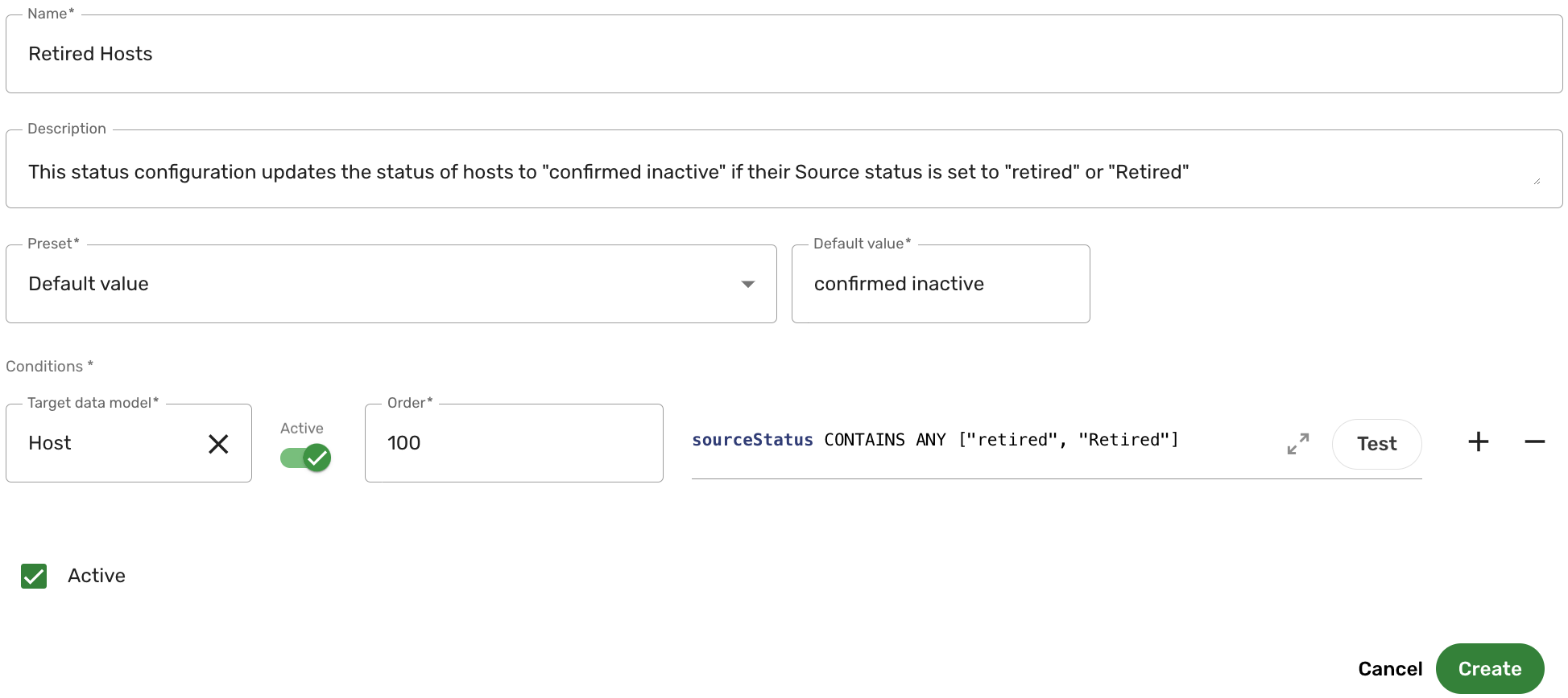 Retired hosts status configuration example