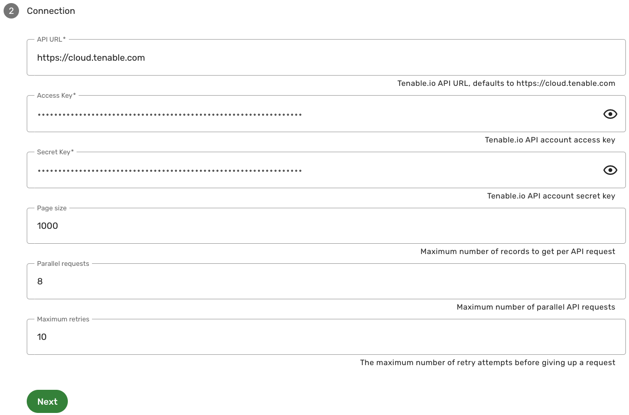 Tenable.io example connection settings